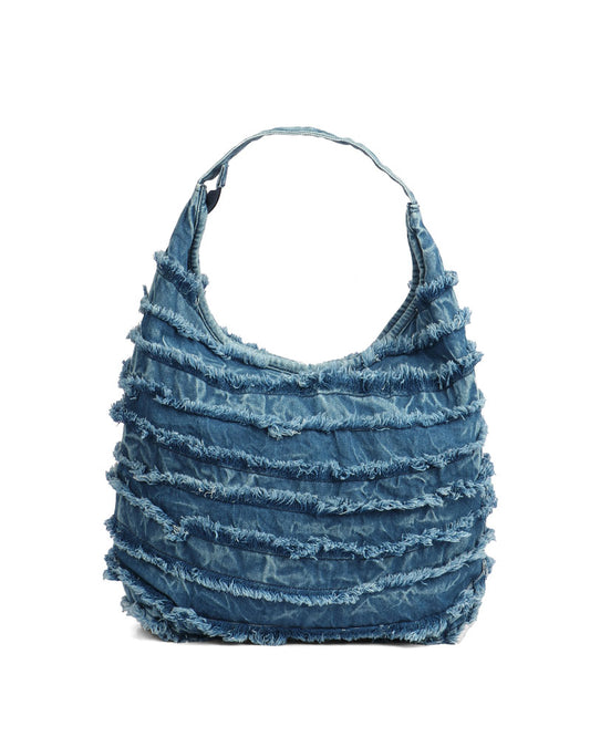 Ruffled Denim Hobo Bag