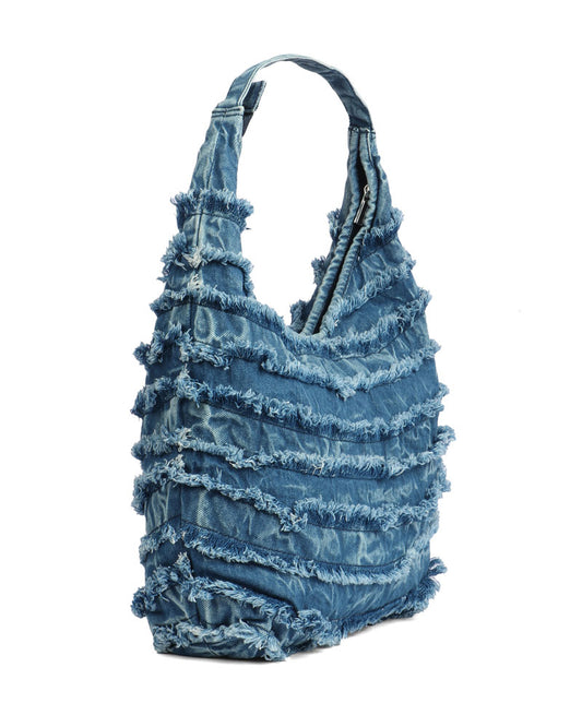 Ruffled Denim Hobo Bag
