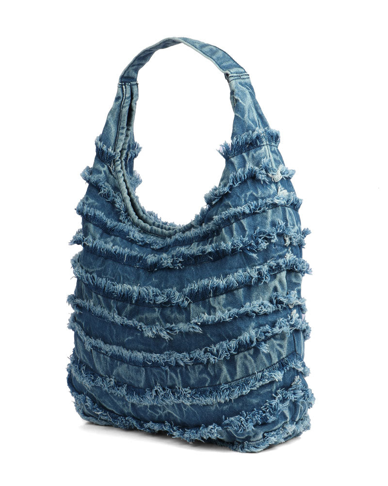 Ruffled Denim Hobo Bag