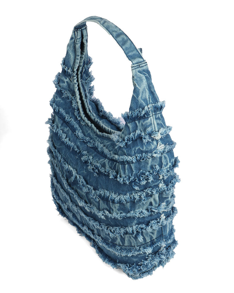 Ruffled Denim Hobo Bag