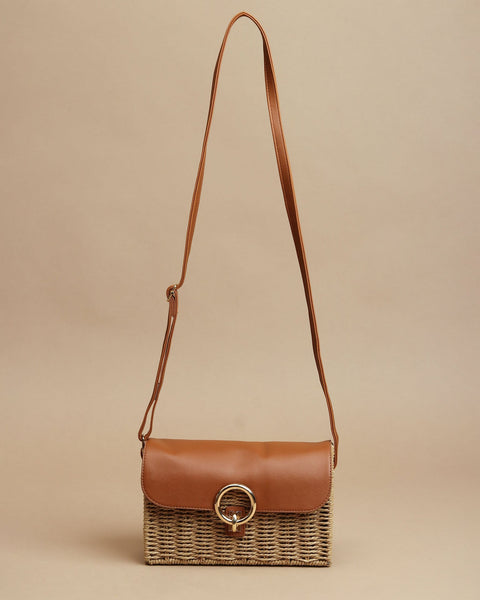 Faux Leather Raffia Sling Bag