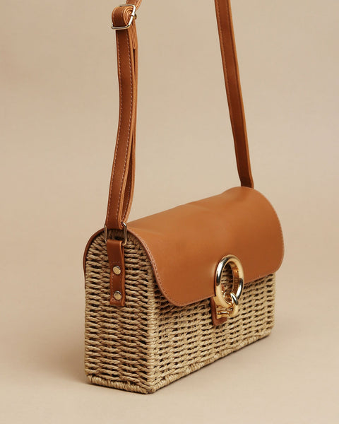 Faux Leather Raffia Sling Bag