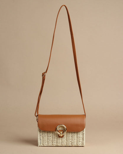 Faux Leather Raffia Sling Bag