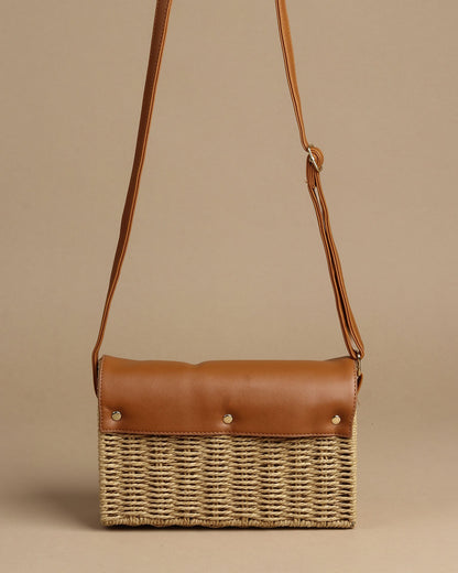 Faux Leather Raffia Sling Bag